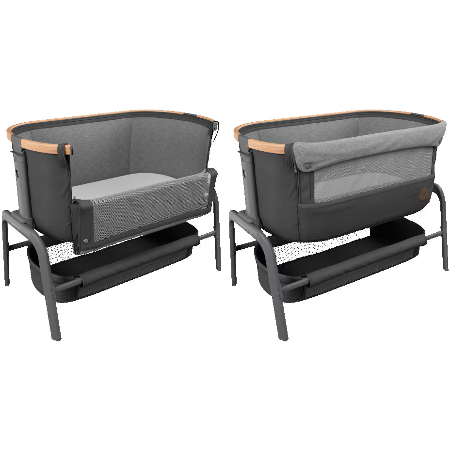 Maxi-Cosi Iora Co-Sleeper Crib, Foldable Baby Bedside Crib, 0–6 Months, max 9 kg, 4 Incline & 5 Height Positions, Easy Slide, Comfortable Mattress, Large Basket, Easy to Carry, Essential Graphite