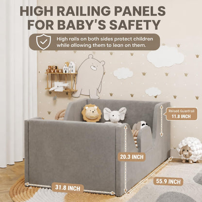 Toddler Bed with Rails, Toddler Floor Crib Bed, Gray