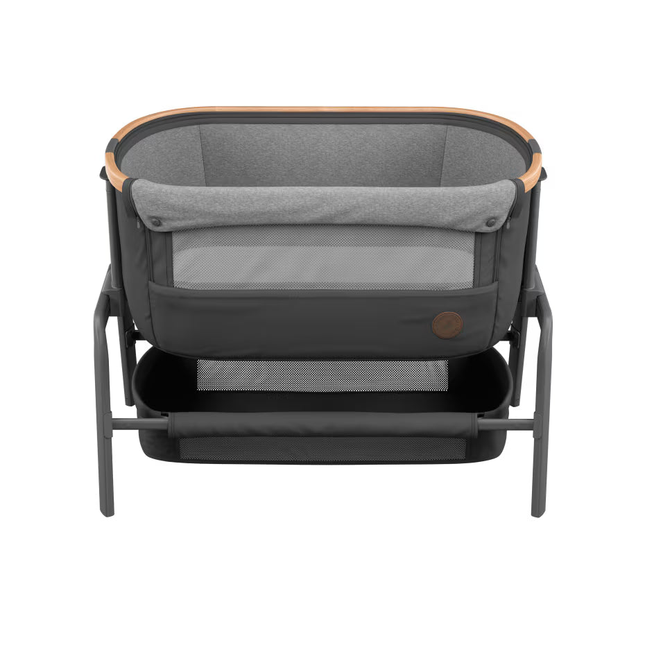 Maxi-Cosi Iora Co-Sleeper Crib, Foldable Baby Bedside Crib, 0–6 Months, max 9 kg, 4 Incline & 5 Height Positions, Easy Slide, Comfortable Mattress, Large Basket, Easy to Carry, Essential Graphite