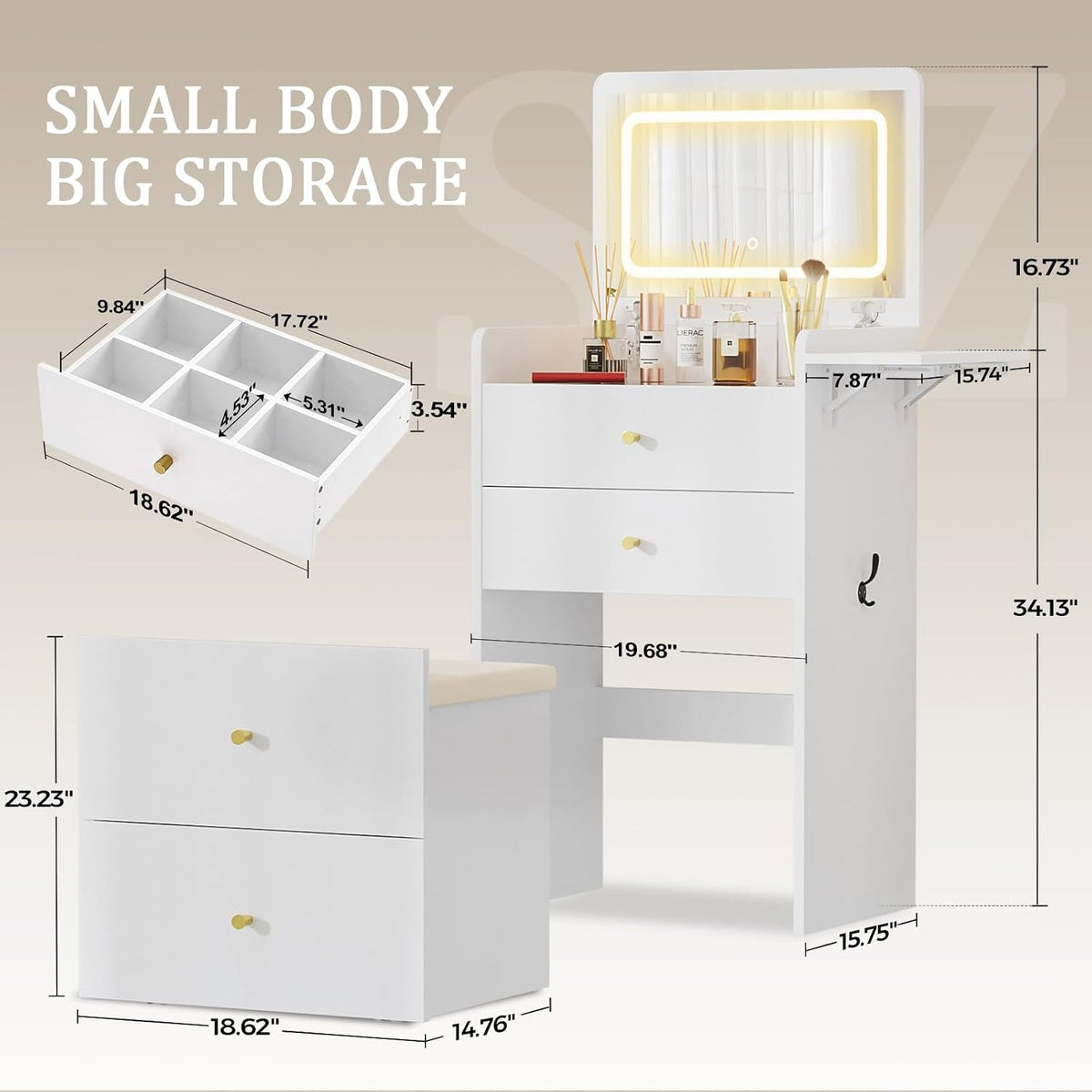 Coral Pink LED Vanity Desk with Glass Top Storage & Stool