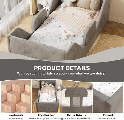 Toddler Bed with Rails, Toddler Floor Crib Bed, Gray