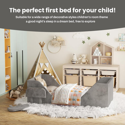 Toddler Bed with Rails, Toddler Floor Crib Bed, Gray