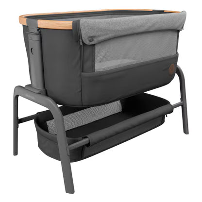 Maxi-Cosi Iora Co-Sleeper Crib, Foldable Baby Bedside Crib, 0–6 Months, max 9 kg, 4 Incline & 5 Height Positions, Easy Slide, Comfortable Mattress, Large Basket, Easy to Carry, Essential Graphite
