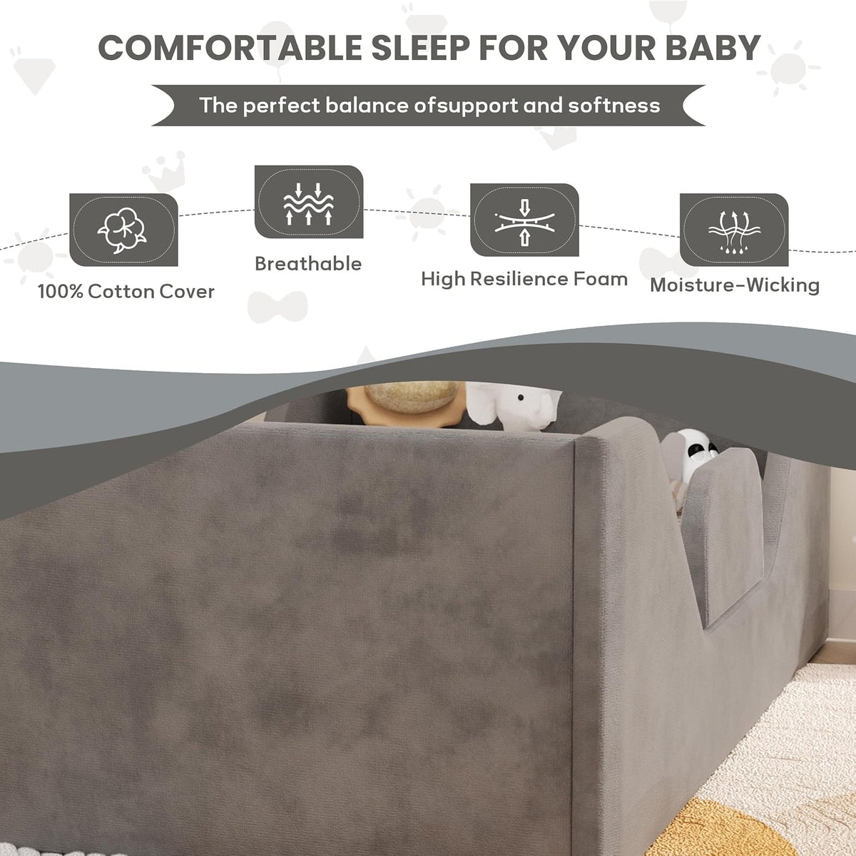 Toddler Bed with Rails, Toddler Floor Crib Bed, Gray