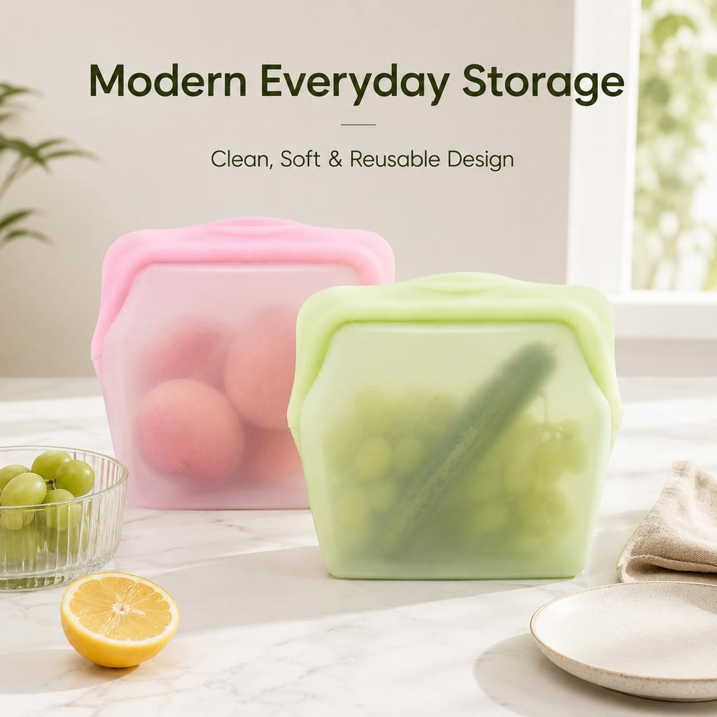 5 Pack 1000ml Reusable Silicone Food Storage Bags Leakproof Freezer Safe