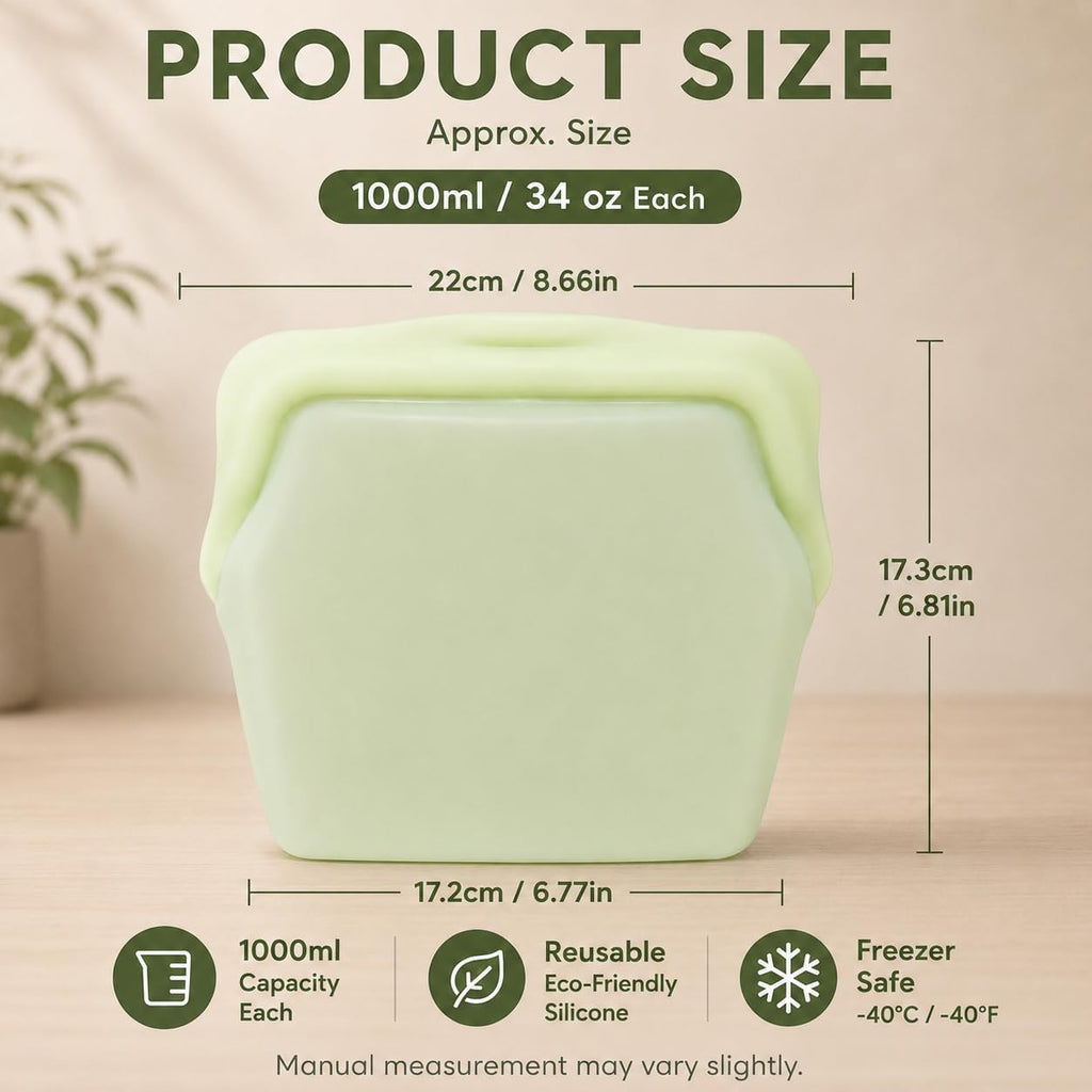 5 Pack 1000ml Reusable Silicone Food Storage Bags Leakproof Freezer Safe