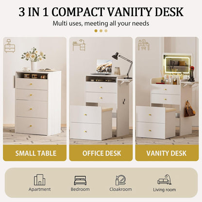 Coral Pink LED Vanity Desk with Glass Top Storage & Stool