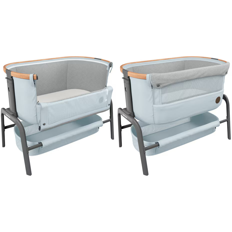 Maxi-Cosi Iora Co-Sleeper Crib, Foldable Baby Bedside Crib, 0–6 Months, max 9 kg, 4 Incline & 5 Height Positions, Easy Slide, Comfortable Mattress, Large Basket, Easy to Carry, Essential Graphite
