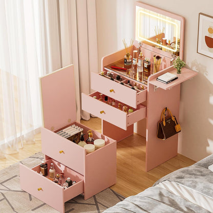 Coral Pink LED Vanity Desk with Glass Top Storage & Stool