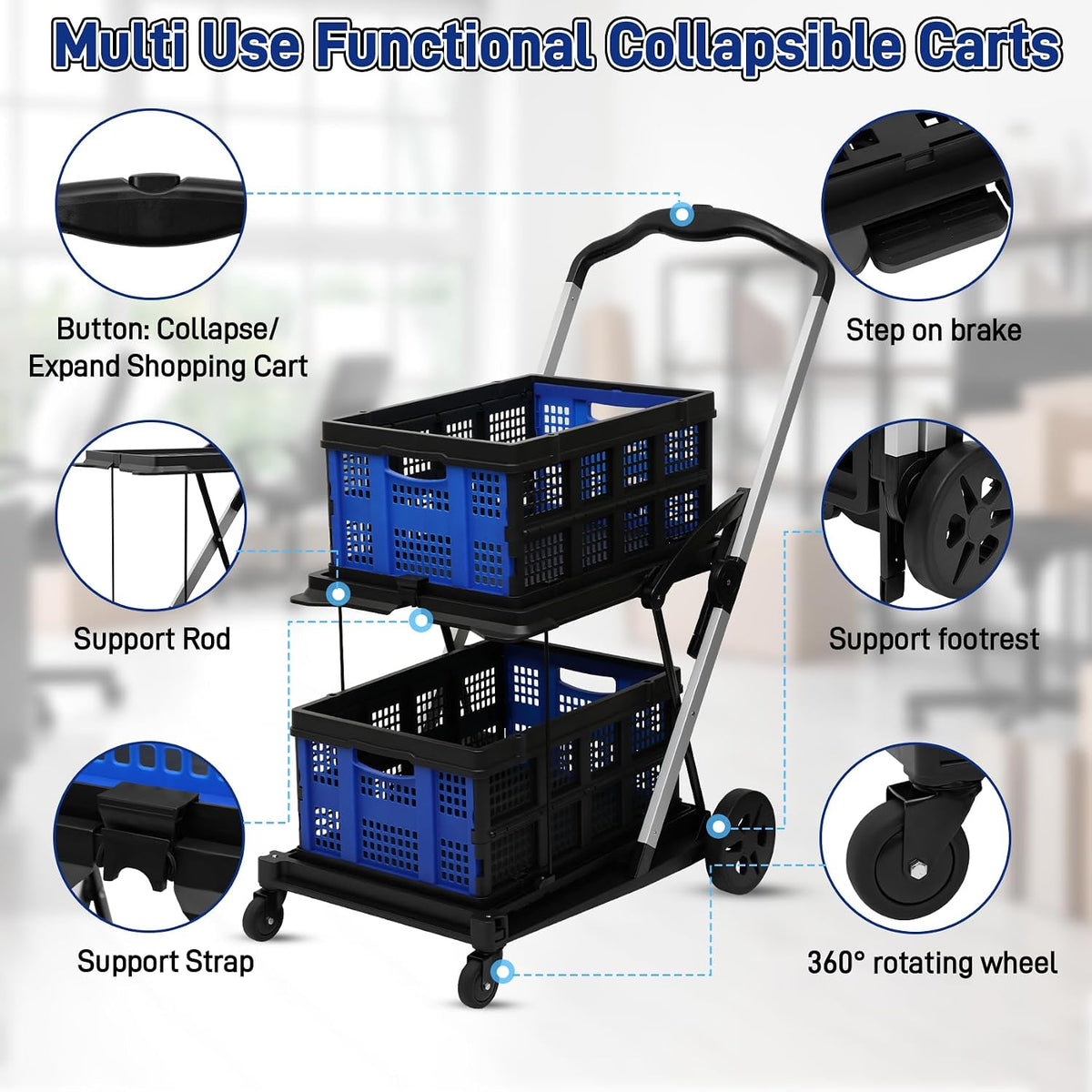 Heavy-Duty Foldable Shopping Cart with Removable Bins