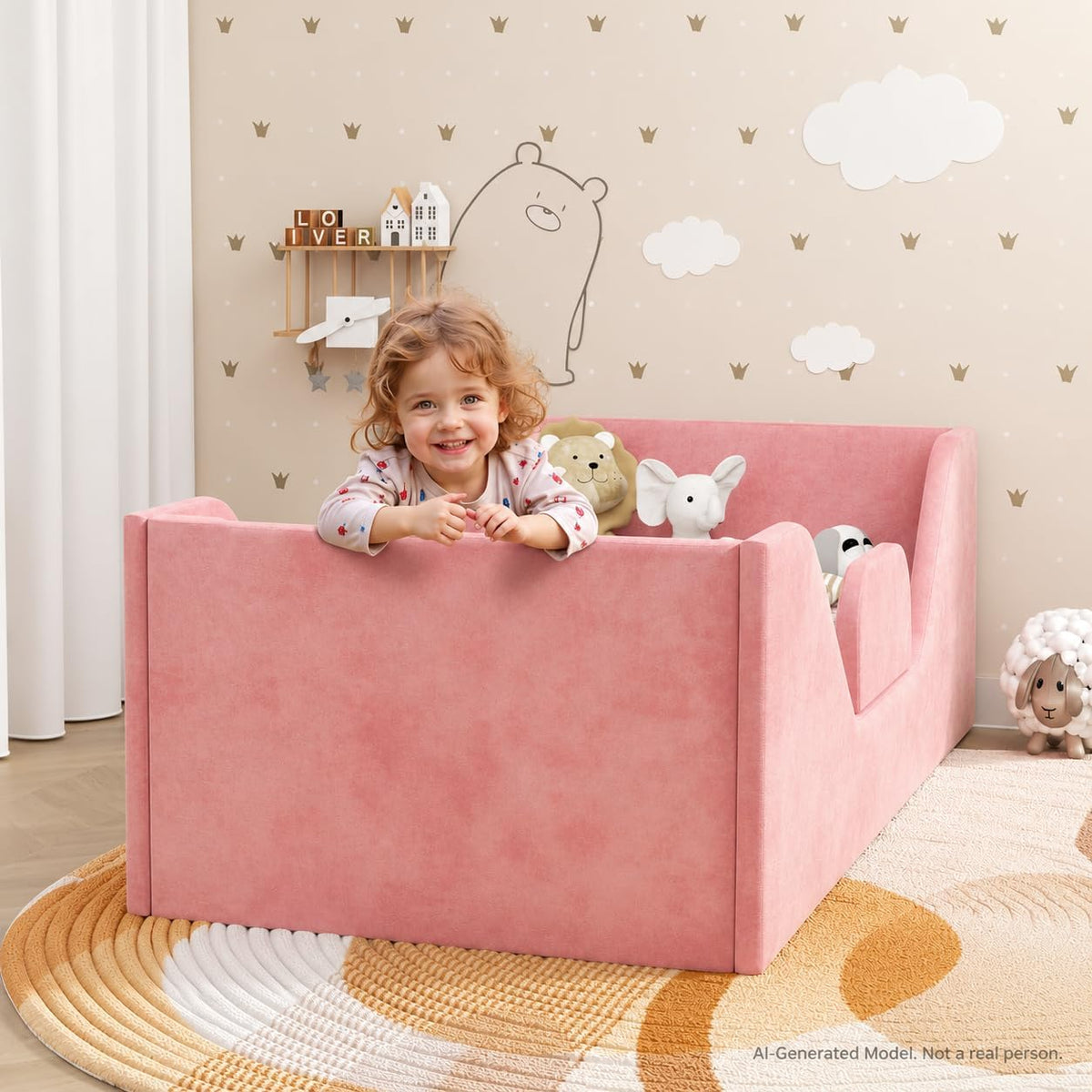 Toddler Bed with Rails, Toddler Floor Crib Bed, Gray