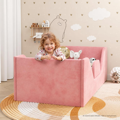 Toddler Bed with Rails, Toddler Floor Crib Bed, Gray