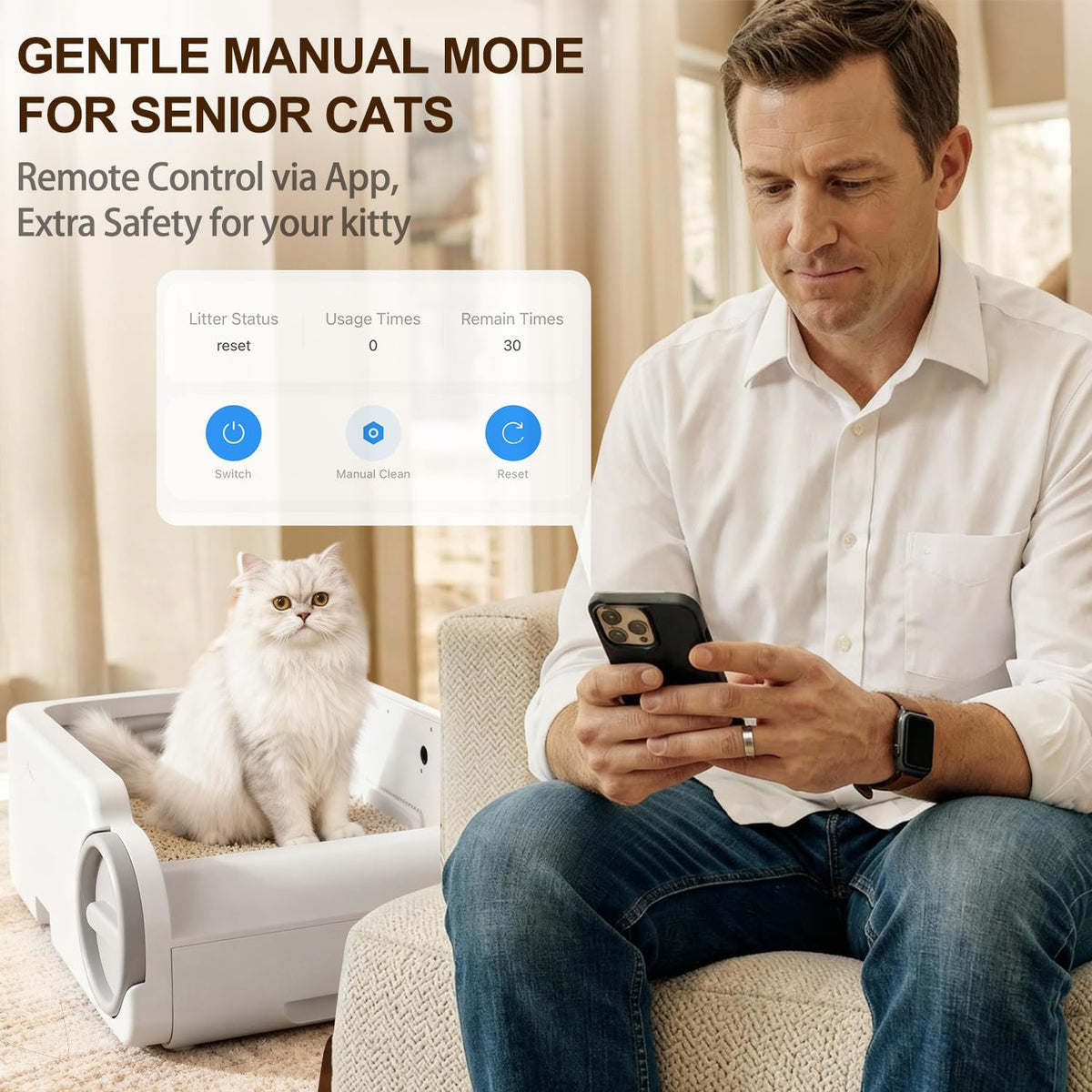 Open Top Automatic Litter Box Self Cleaning Cat Litter Box for Multiple Cats Electric Litter Box with Smart APP Control, White