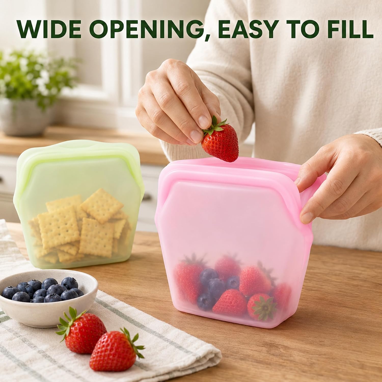 5 Pack 1000ml Reusable Silicone Food Storage Bags Leakproof Freezer Safe