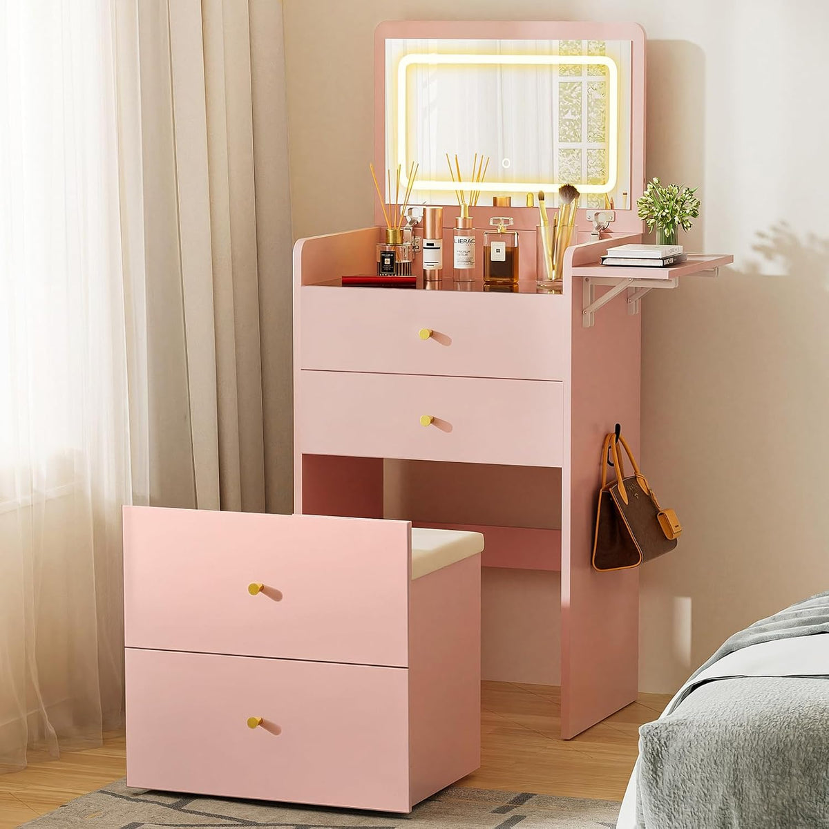 Coral Pink LED Vanity Desk with Glass Top Storage & Stool