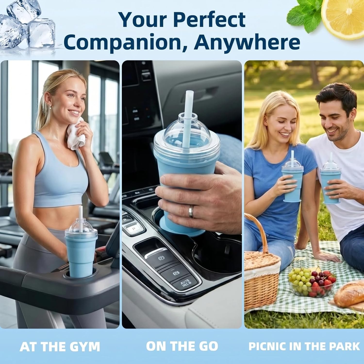 2-in-1 Foldable Silicone Ice Ball Cup with Straw & Lid