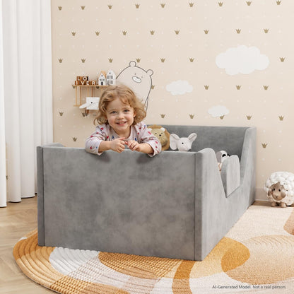 Toddler Bed with Rails, Toddler Floor Crib Bed, Gray