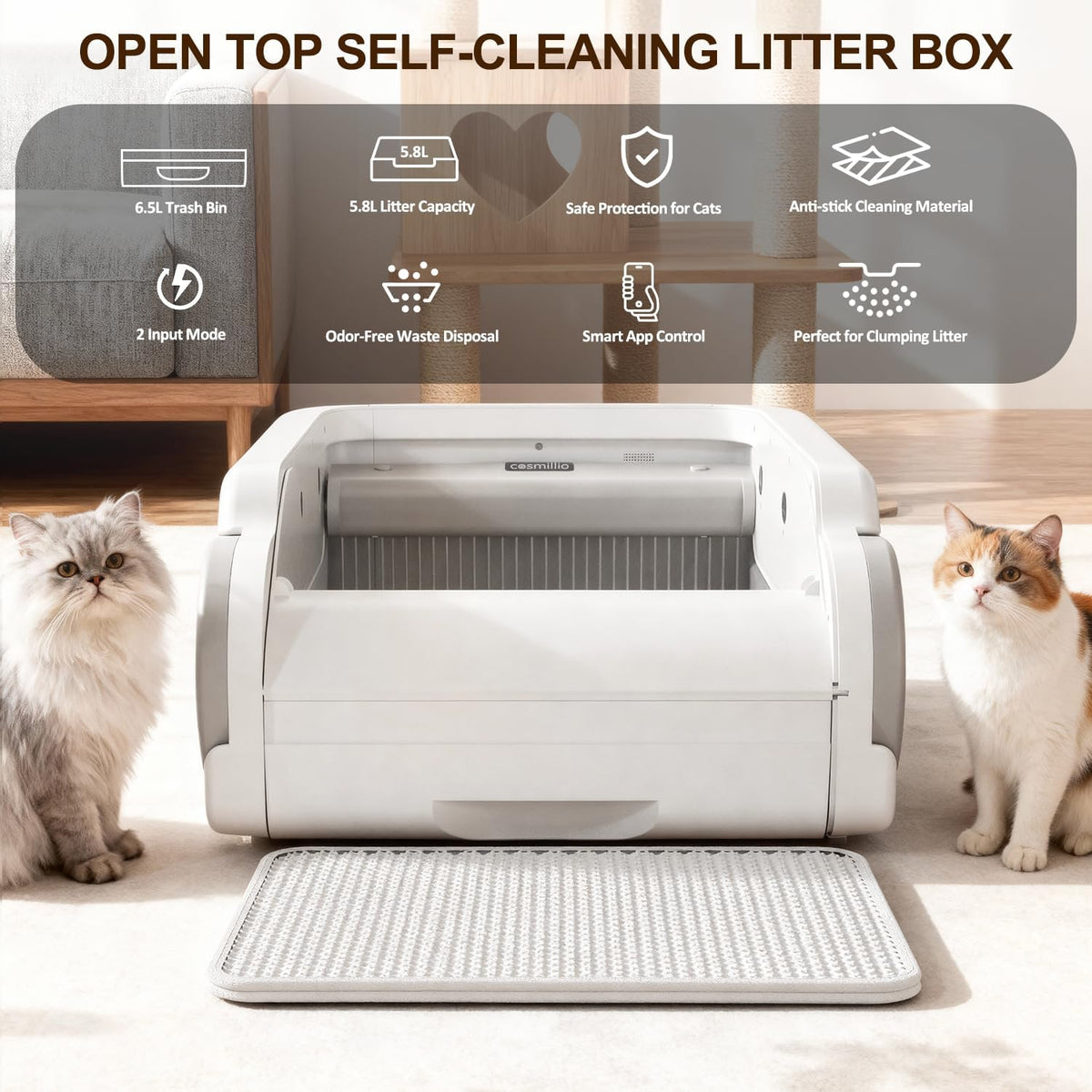 Open Top Automatic Litter Box Self Cleaning Cat Litter Box for Multiple Cats Electric Litter Box with Smart APP Control, White