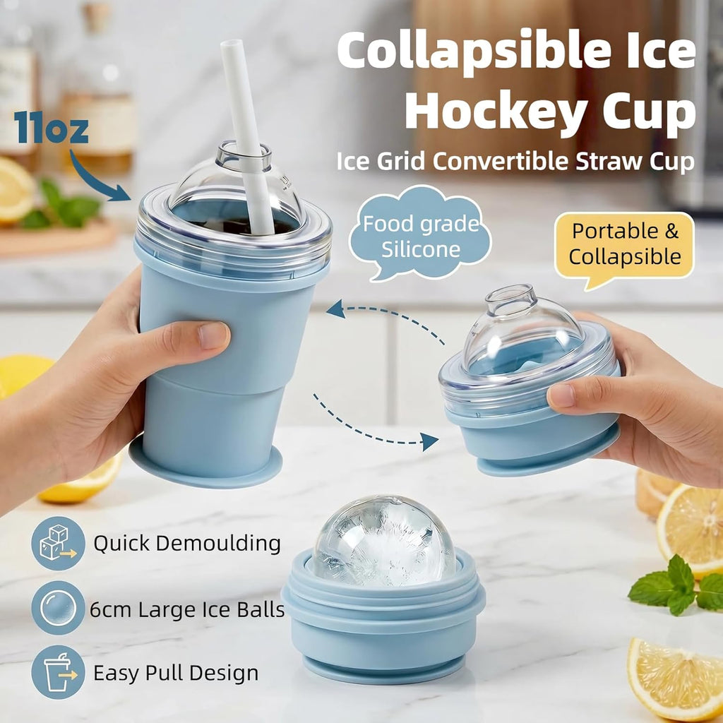 2-in-1 Foldable Silicone Ice Ball Cup with Straw & Lid