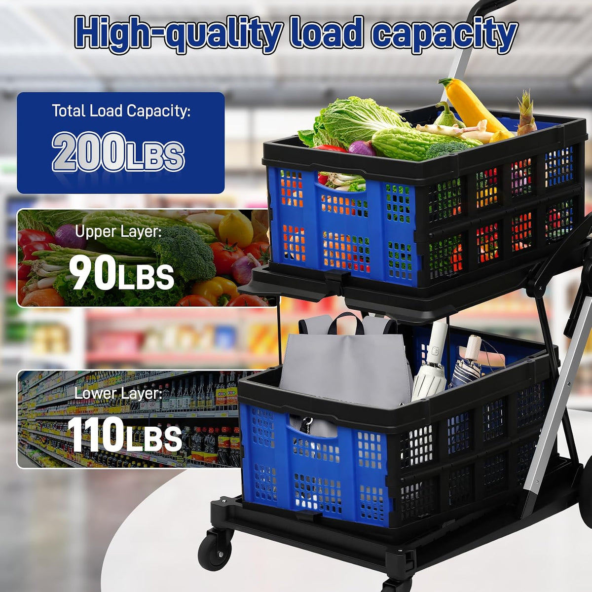 Heavy-Duty Foldable Shopping Cart with Removable Bins