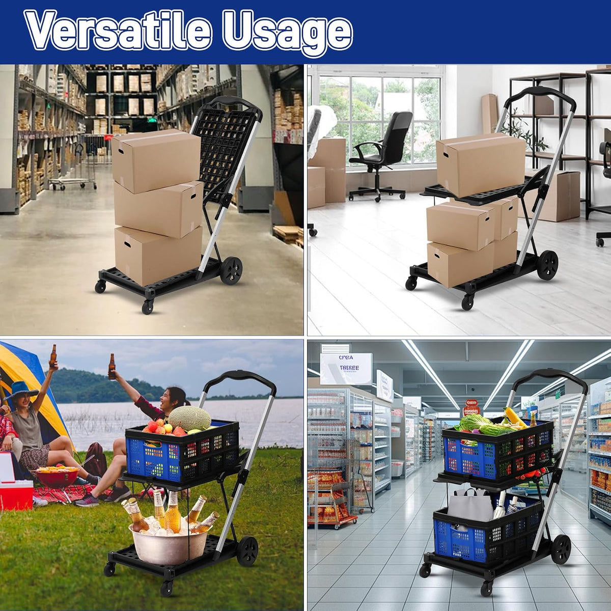 Heavy-Duty Foldable Shopping Cart with Removable Bins